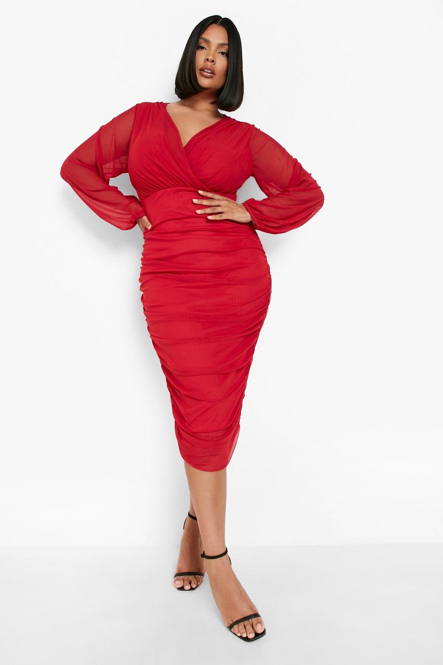 Red Plus Mesh Wrap Ruched Midi Dress image number 1