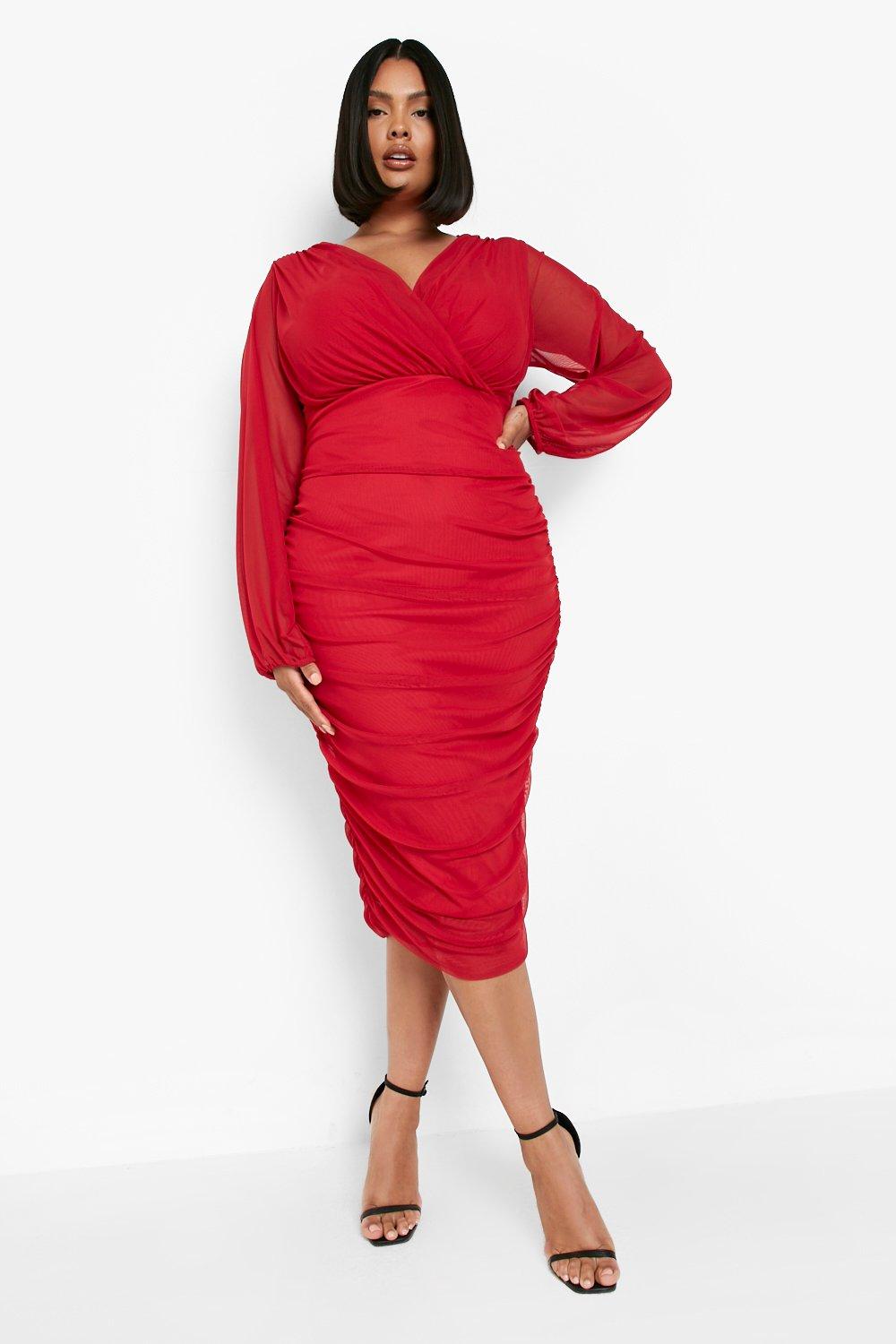 Plus Size Mesh Ruched Midi Dress – Rag & Muffin