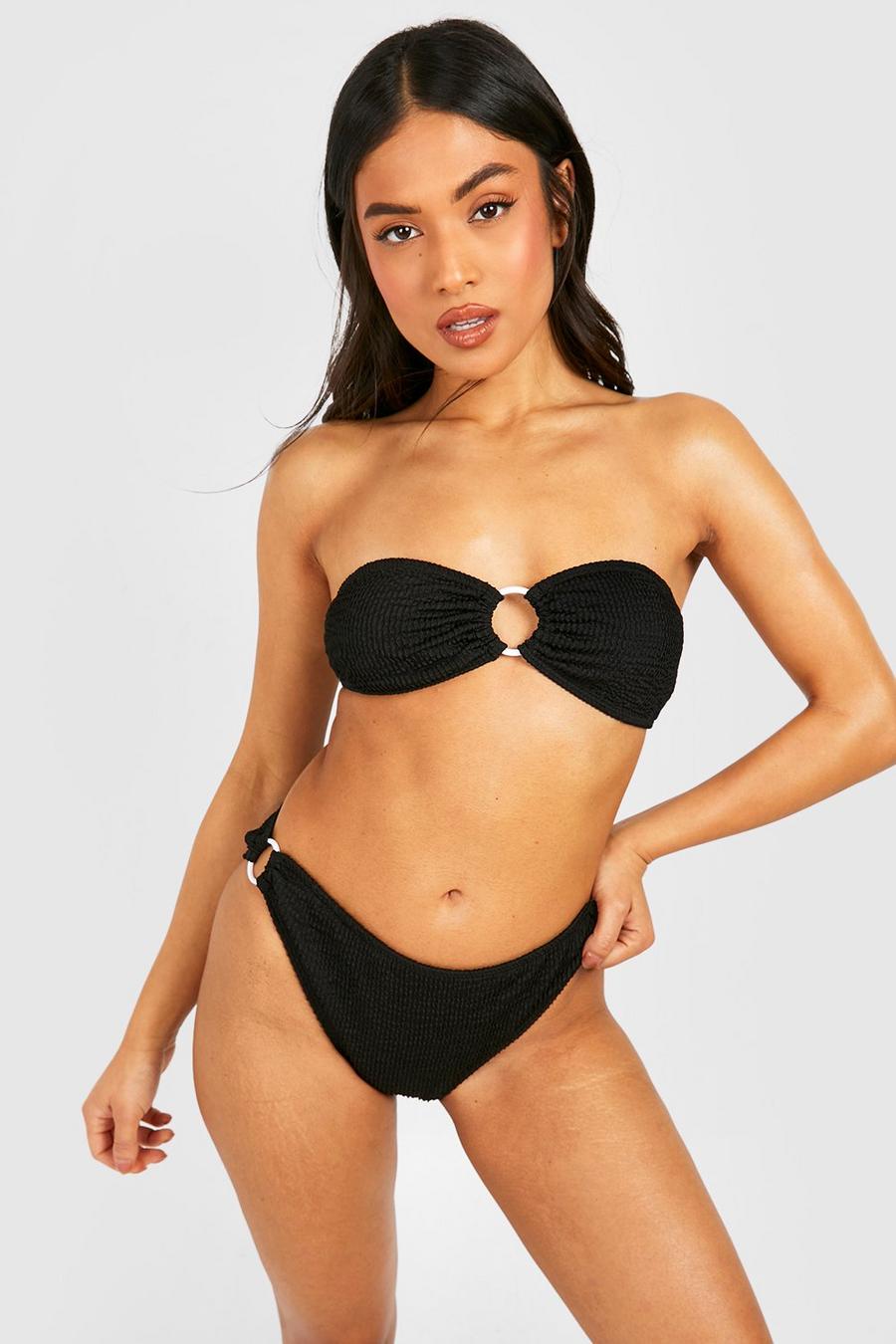 Bikini Petite a fascia effetto goffrato con fibbia, Black image number 1