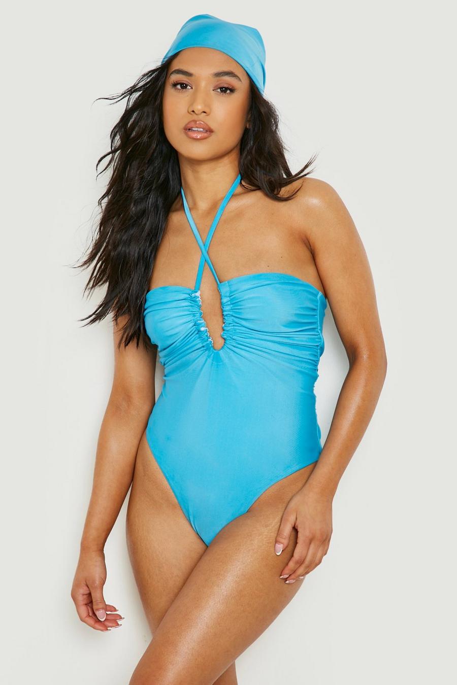 Light blue Petite Halter Ruched Swimsuit & Headscarf