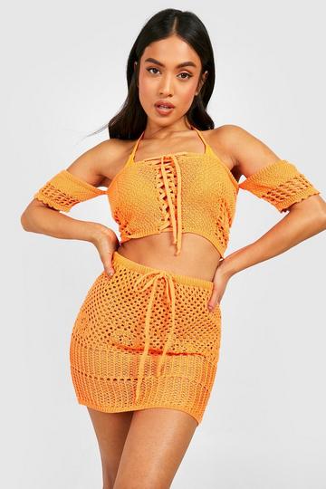 Petite Recycled Crochet Top & Skirt Two-Piece orange