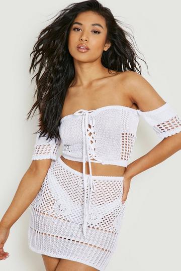 White Petite Crochet Top & Skirt Co-Ord