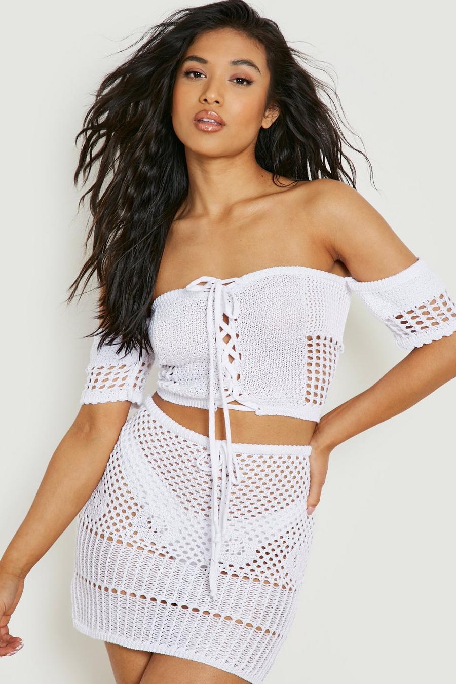White Petite Recycled Crochet Top & Skirt Two-Piece
