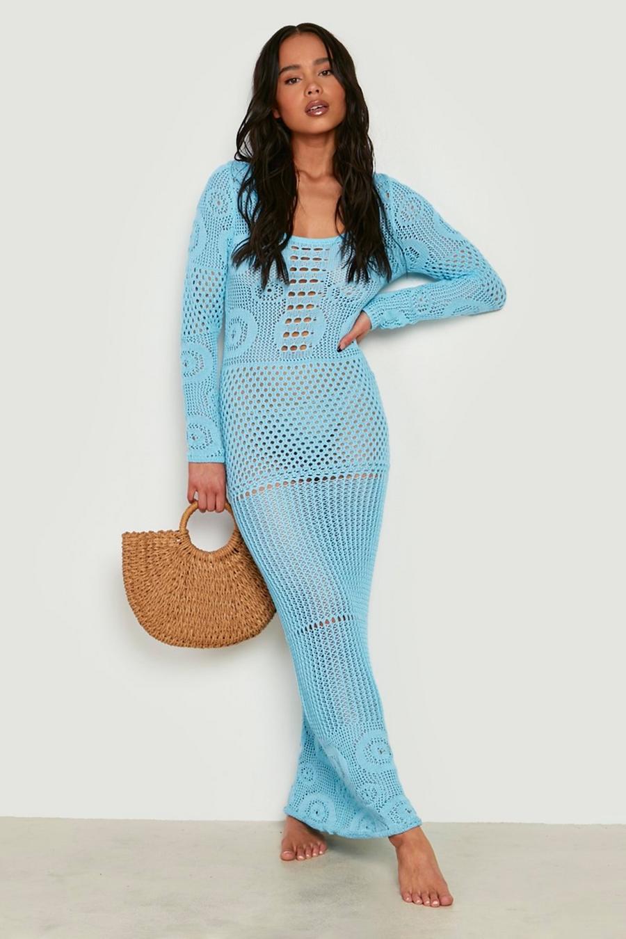 Pastel blue blå Petite Recycled Crochet Maxi Dress image number 1
