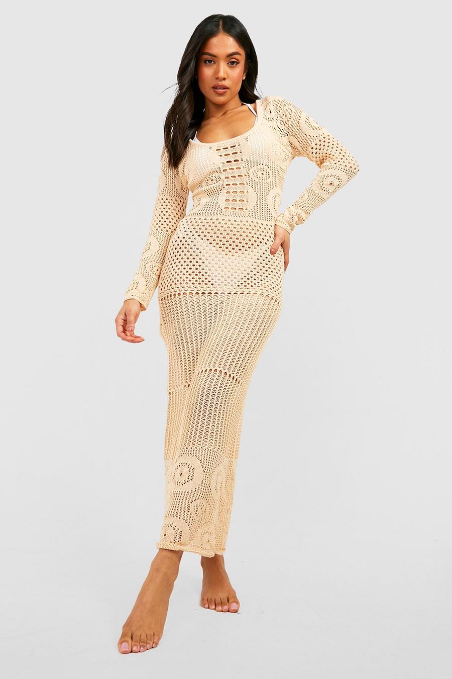 Stone beige Petite Recycled Crochet Maxi Dress