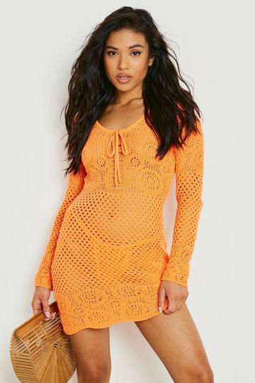 Orange Petite Tie Front Crochet Mini Dress