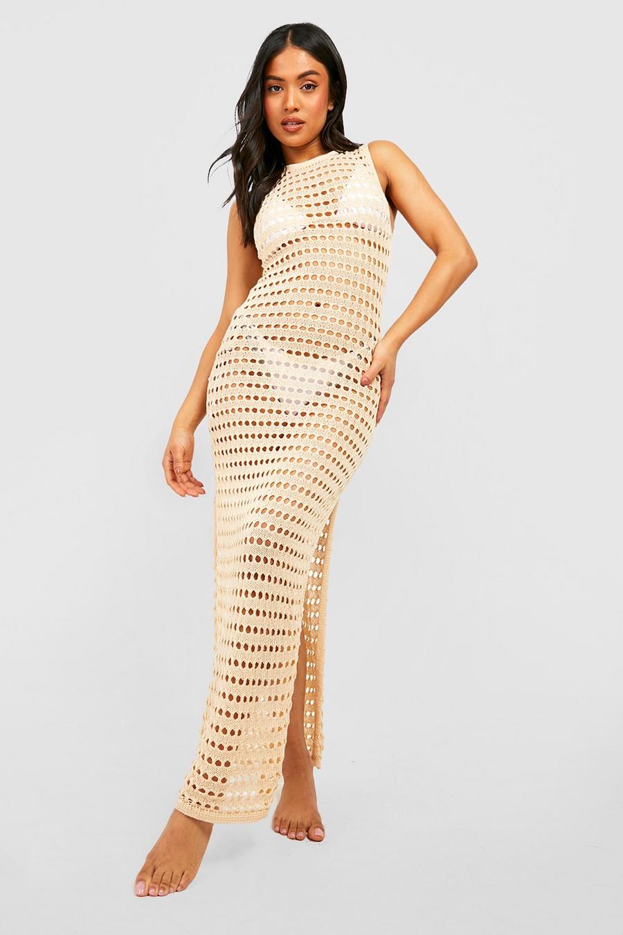 Stone beige Petite Recycled Crochet Maxi Beach Dress