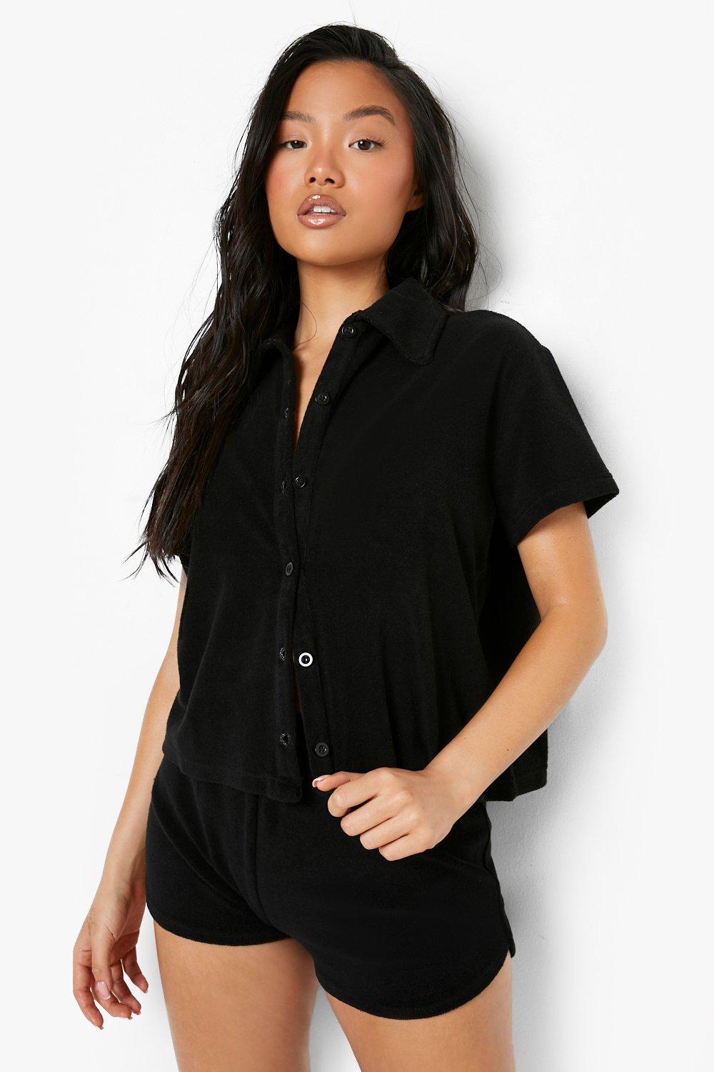 Black Towelling Button Down Long Sleeve Romper