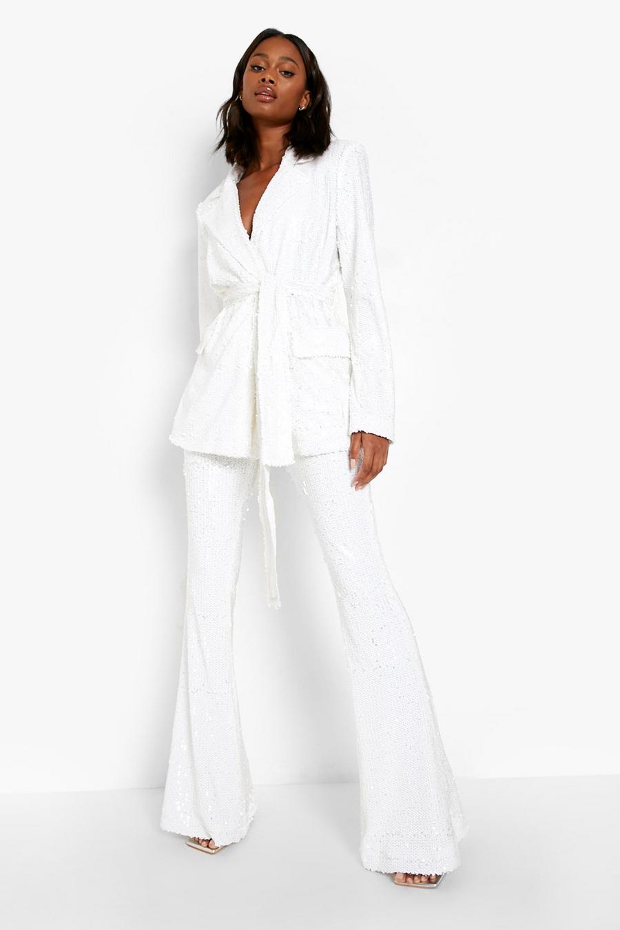 Ivory white Occasion Sequin Flared Pants image number 1