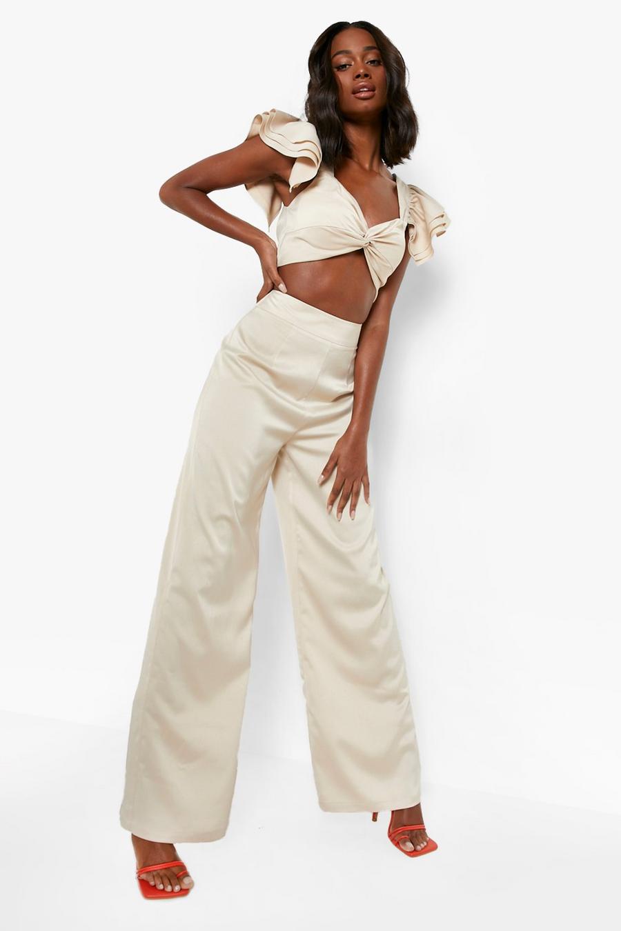 Champagne Occasion Matte Satin Wide Leg Trousers image number 1