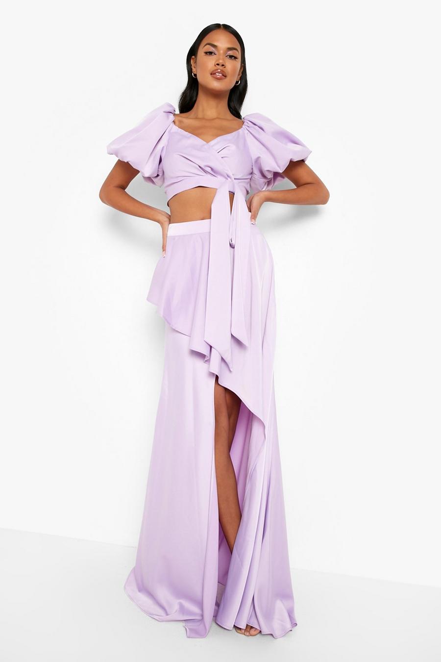 Lilac purple Occasion Matte Satin Draped Detail Maxi Skirt image number 1
