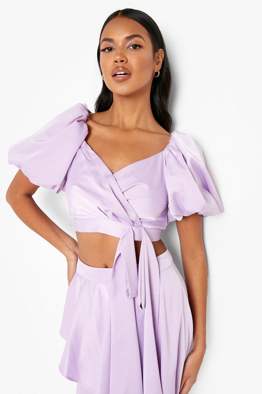 Lilac Occasion Matte Satin Puff Sleeve Tie Crop image number 1