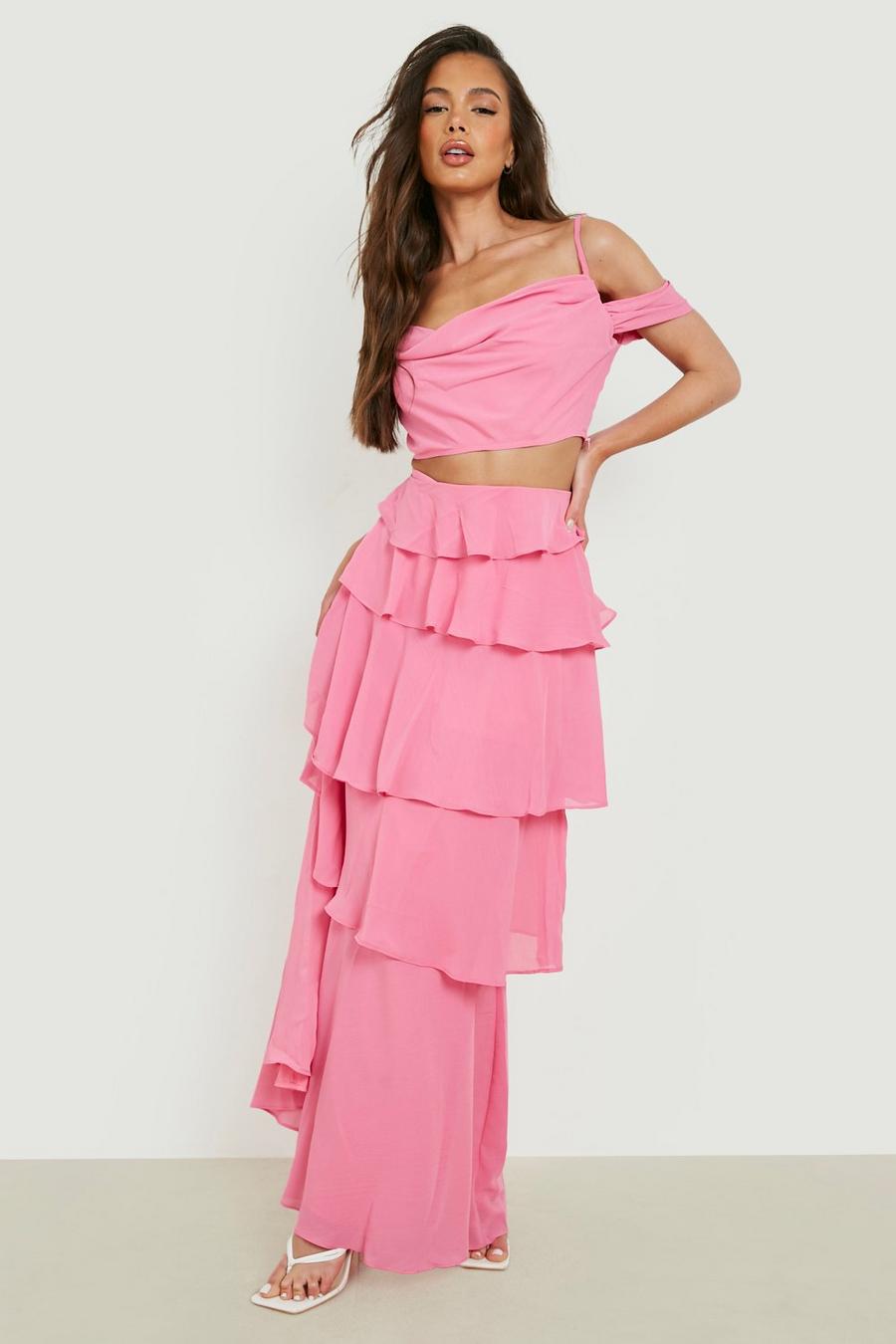 Bright pink Occasion Chiffon Tiered Maxi Skirt 
