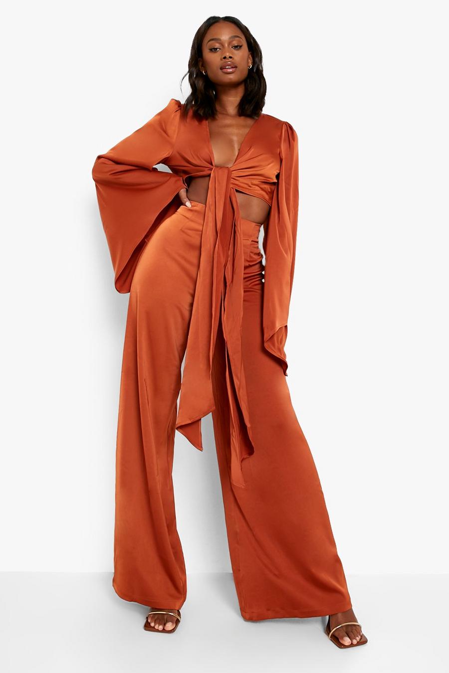 Rust Occasion Matte Satin Wide Leg Trousers image number 1