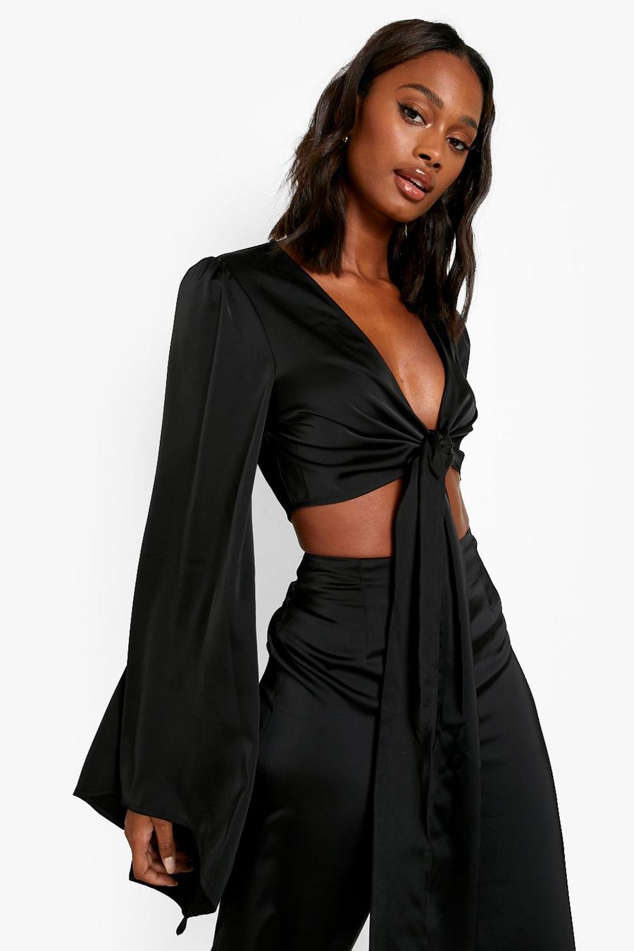Black Occasion Puff Sleeve Tie Detail Blouse image number 1
