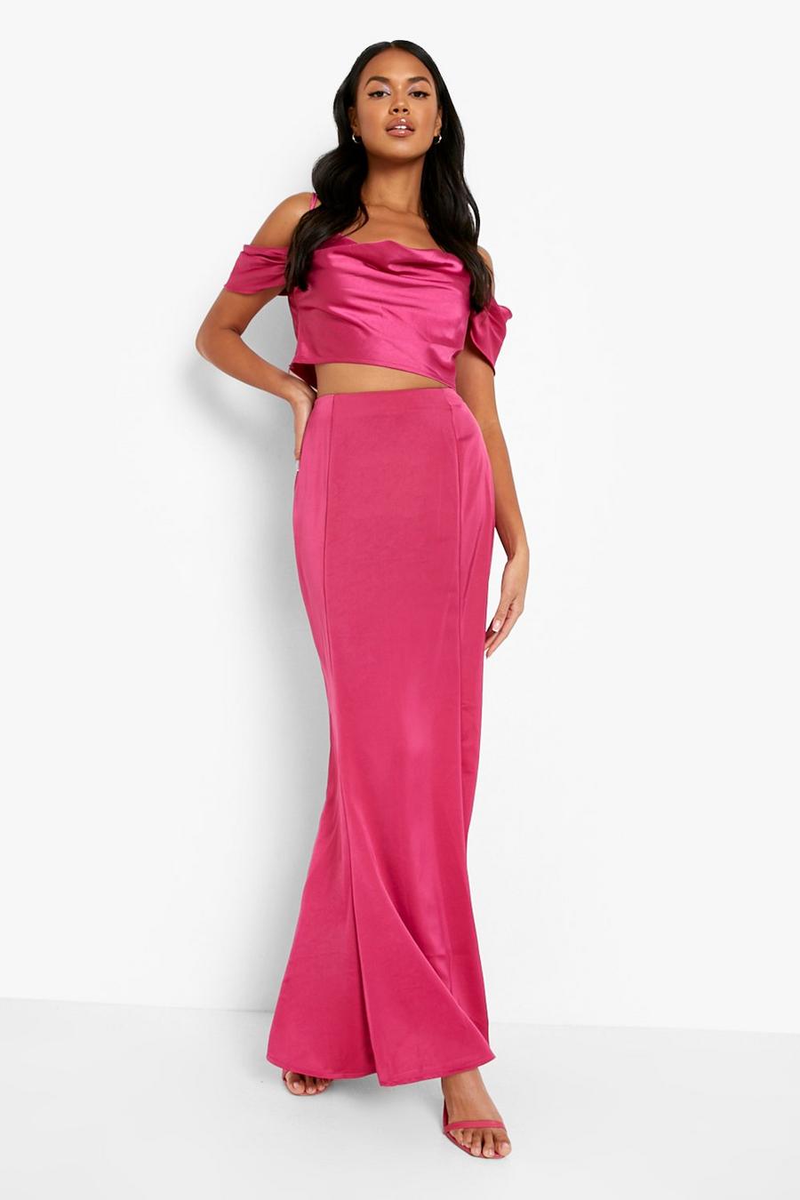 Magenta pink חצאית מקסי חגיגית מתרחבת וצמודה מסאטן מאט image number 1
