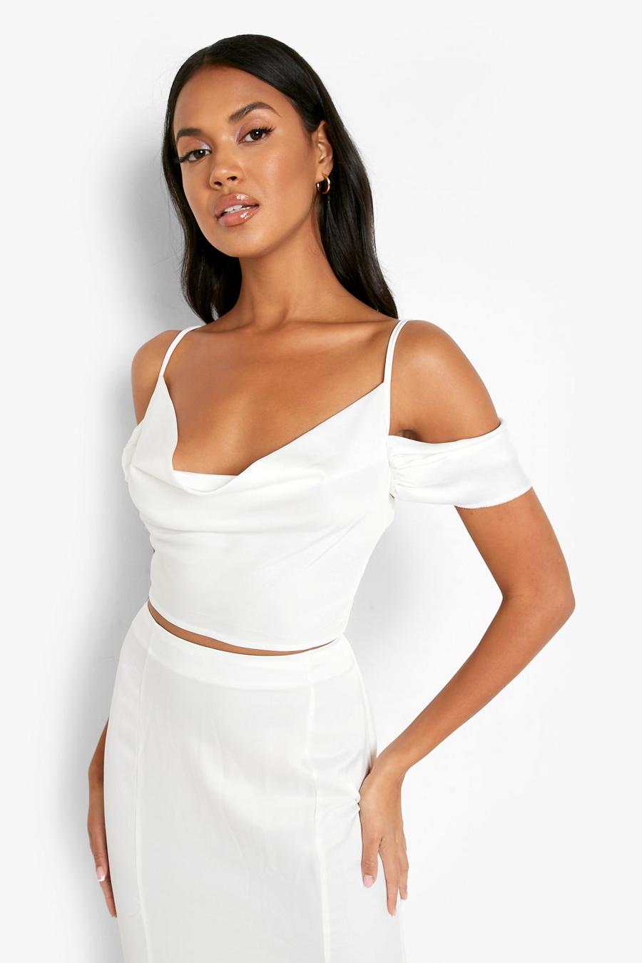 Ivory Occasion Matte Satin Cowl Crop Top image number 1