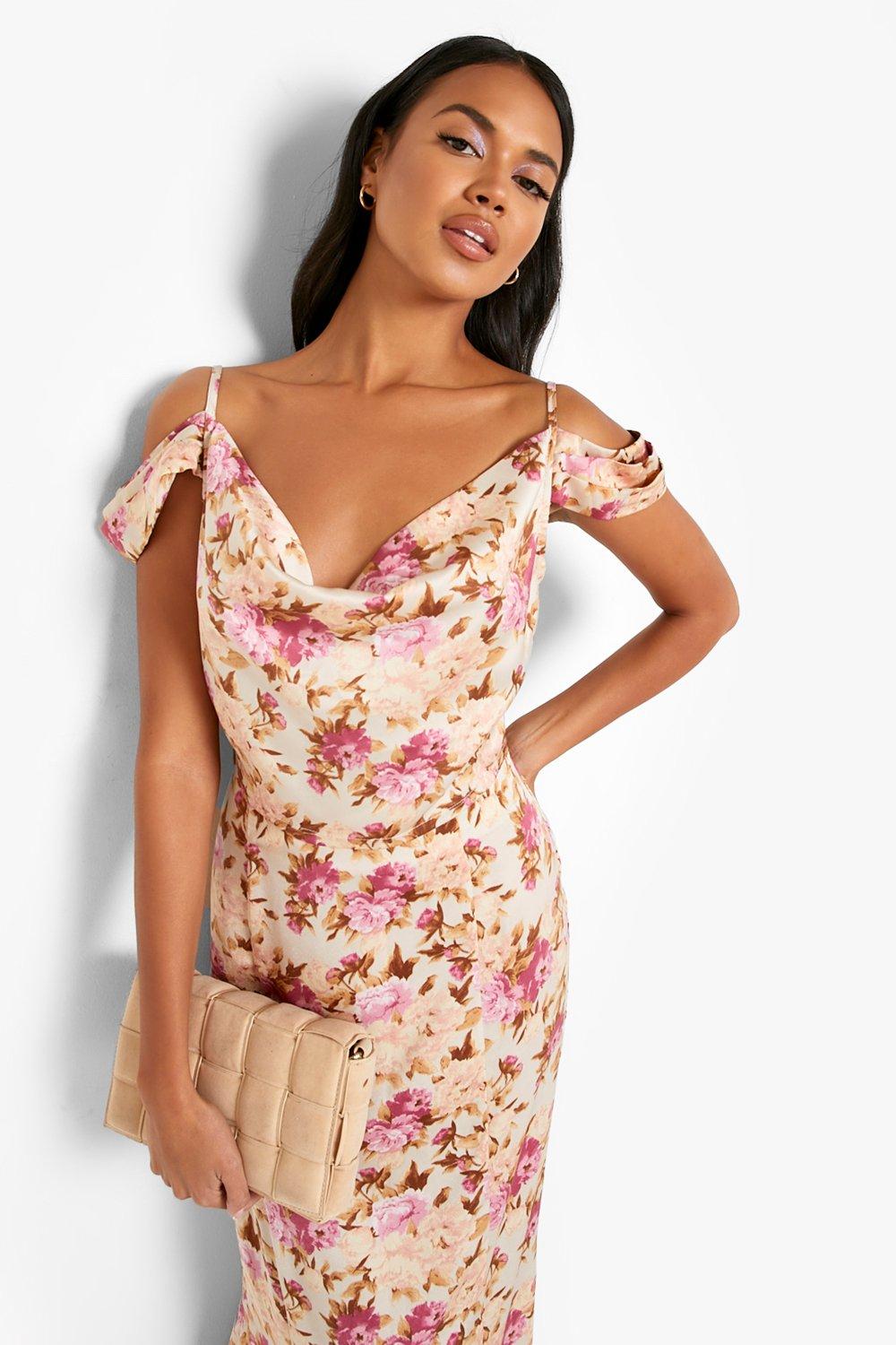 pink floral cowl neck dress