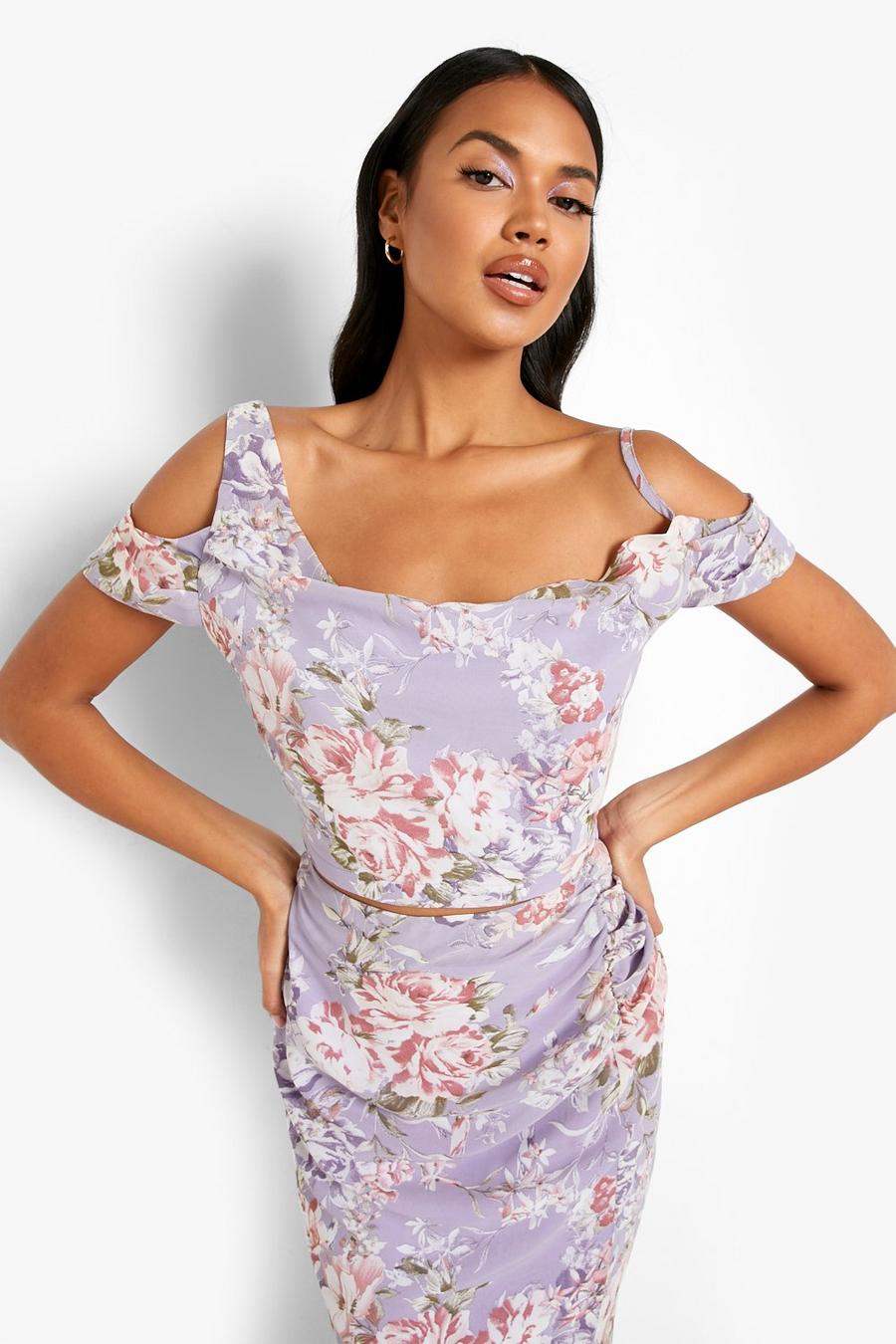 Lilac Blommig crop top i chiffong med drapering image number 1