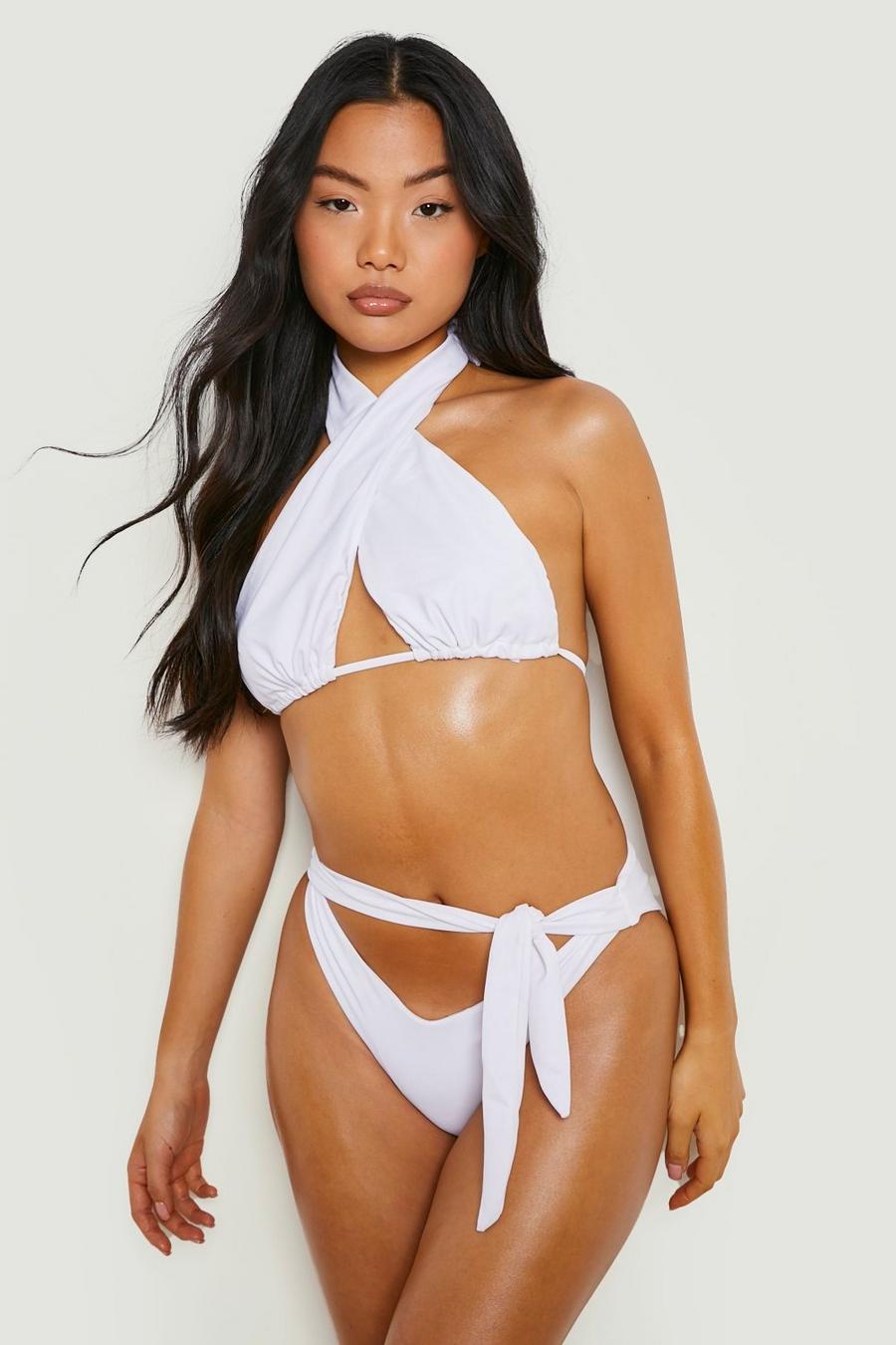 White Petite Bikini med halterneck och knytdetalj image number 1