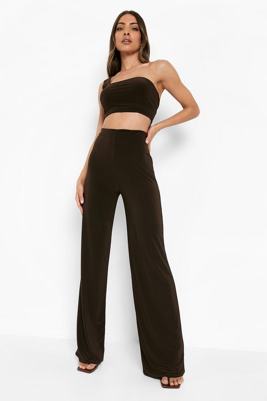 Chocolate brown Double Layer Slinky Crop & Wide Leg Pants image number 1