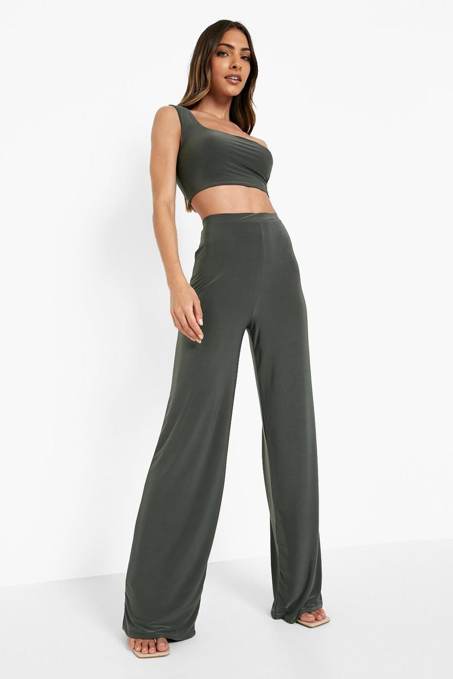 Khaki Double Layer Slinky Crop & Wide Leg Trouser image number 1