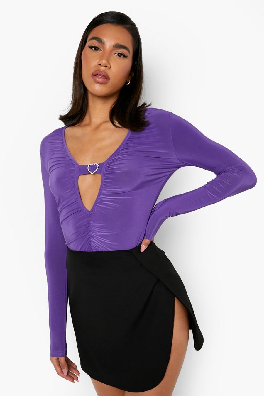 Jewel purple Heart Detail Ruched Slinky Top image number 1
