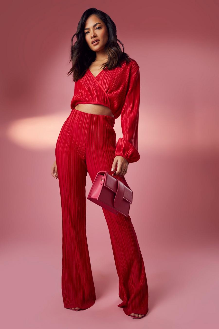 Red Plisse Wide Leg Trousers image number 1