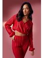 Red Wrap Front Puff Sleeve Plisse Crop