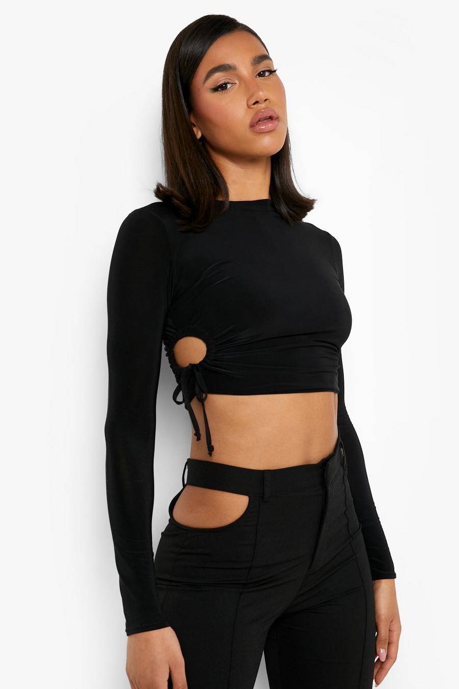 Black Double Layer Long Sleeve Crop Top  image number 1