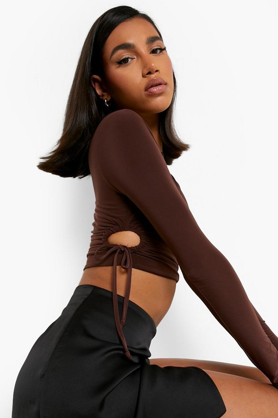 Chocolate Double Layer Long Sleeve Crop Top image number 1
