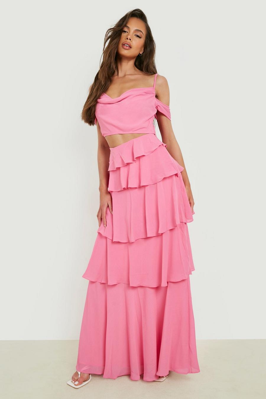 Bright pink Occasion Chiffon Cowl Neck Crop Top image number 1