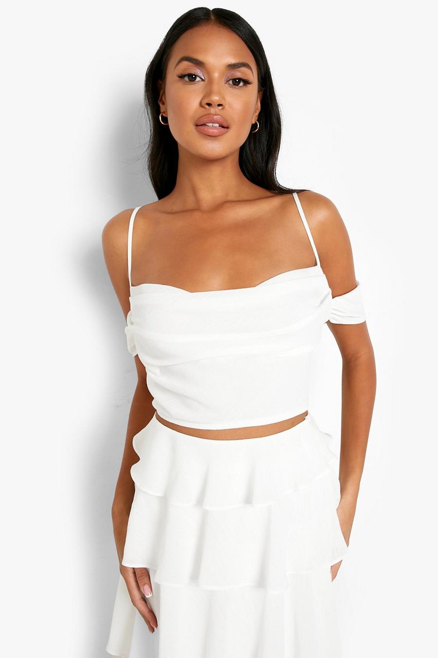 Ivory Occasion Chiffon Cowl Neck Crop Top image number 1