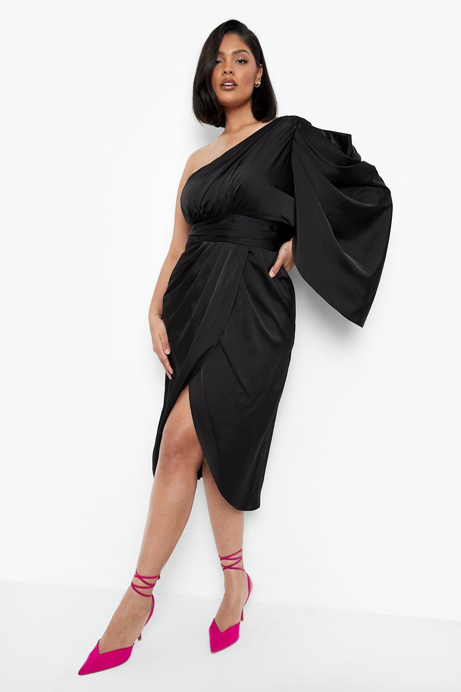 Black Plus Satin One Shoulder Drape Wrap Dress image number 1