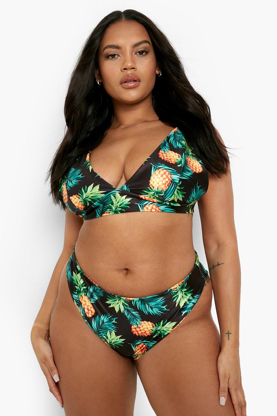 Black Plus Pineapple Plunge High Waist Bikini image number 1