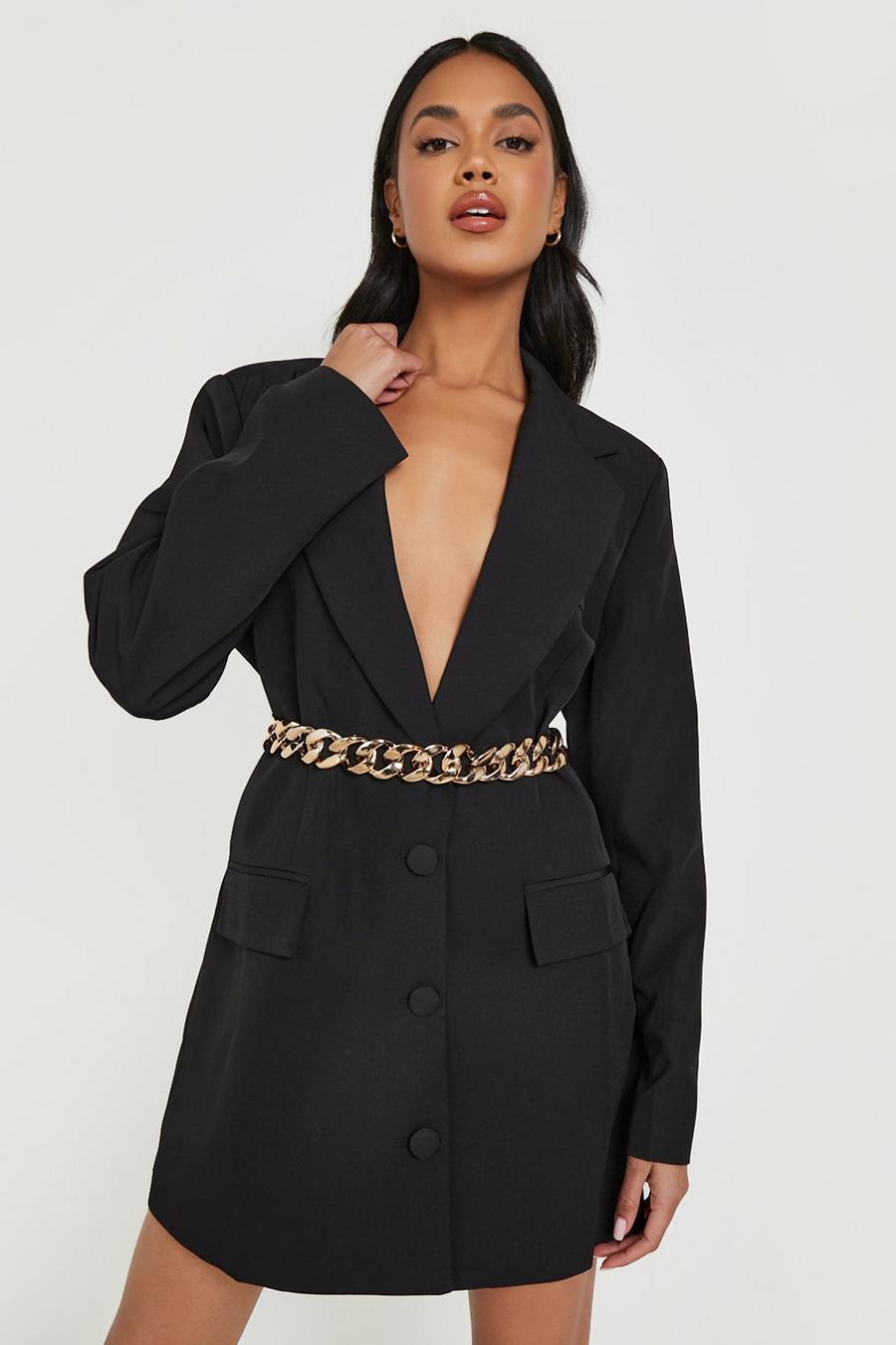 Black Chunky Chain Belted Blazer Dress  image number 1