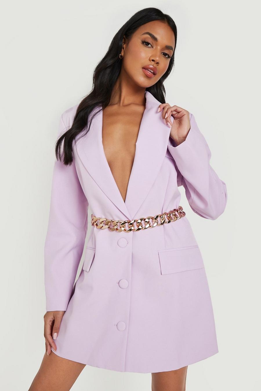 Lilac Chunky Chain Belted Blazer Dress 