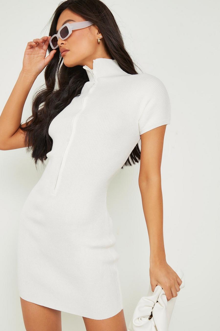Ivory white Premium Half Sleeve Zip Through Rib Knitted Dress