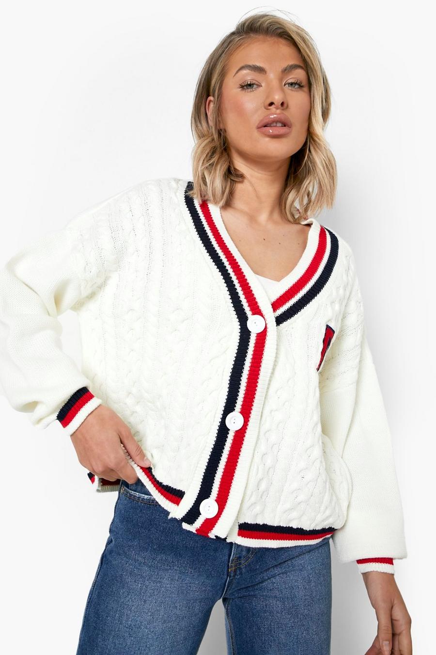 Ivory Cable Varsity Cardigan image number 1