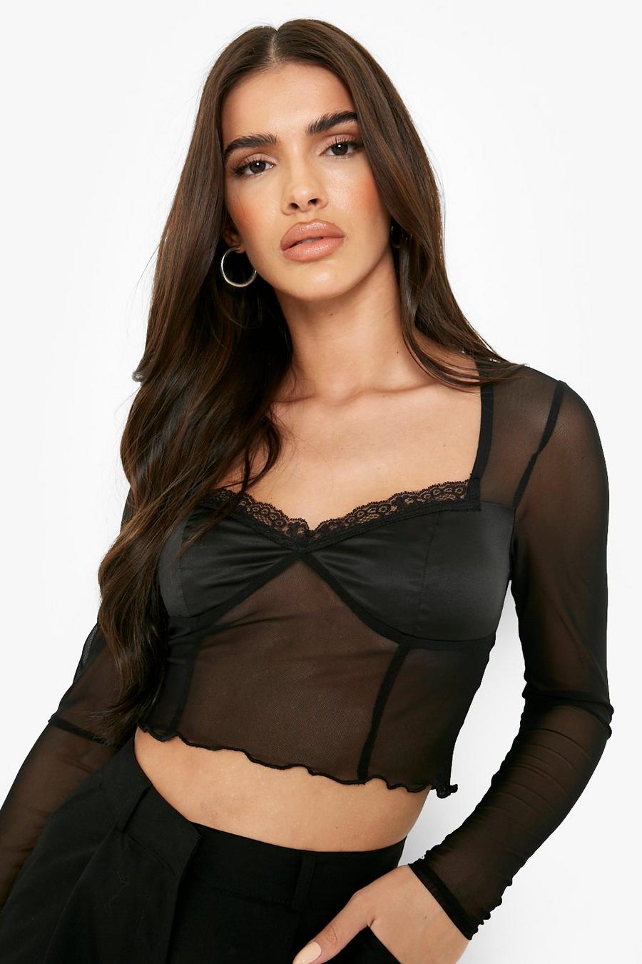 Black Mesh Corset Style Long Sleeve Top image number 1