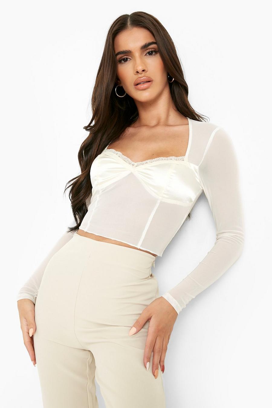 Ivory Mesh Corset Style Long Sleeve Top image number 1