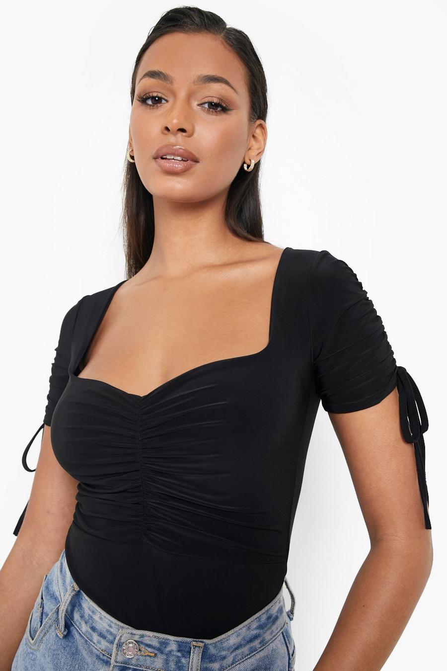 Black Double Layer Ruched Detail Bodysuit image number 1