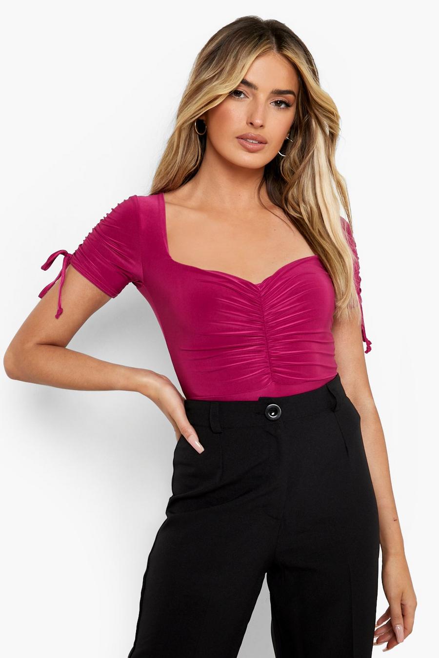 Magenta Double Layer Ruched Detail Bodysuit image number 1