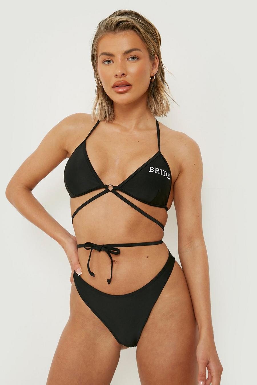Black noir Bride Embroidered Triangle Strappy Bikini Top image number 1