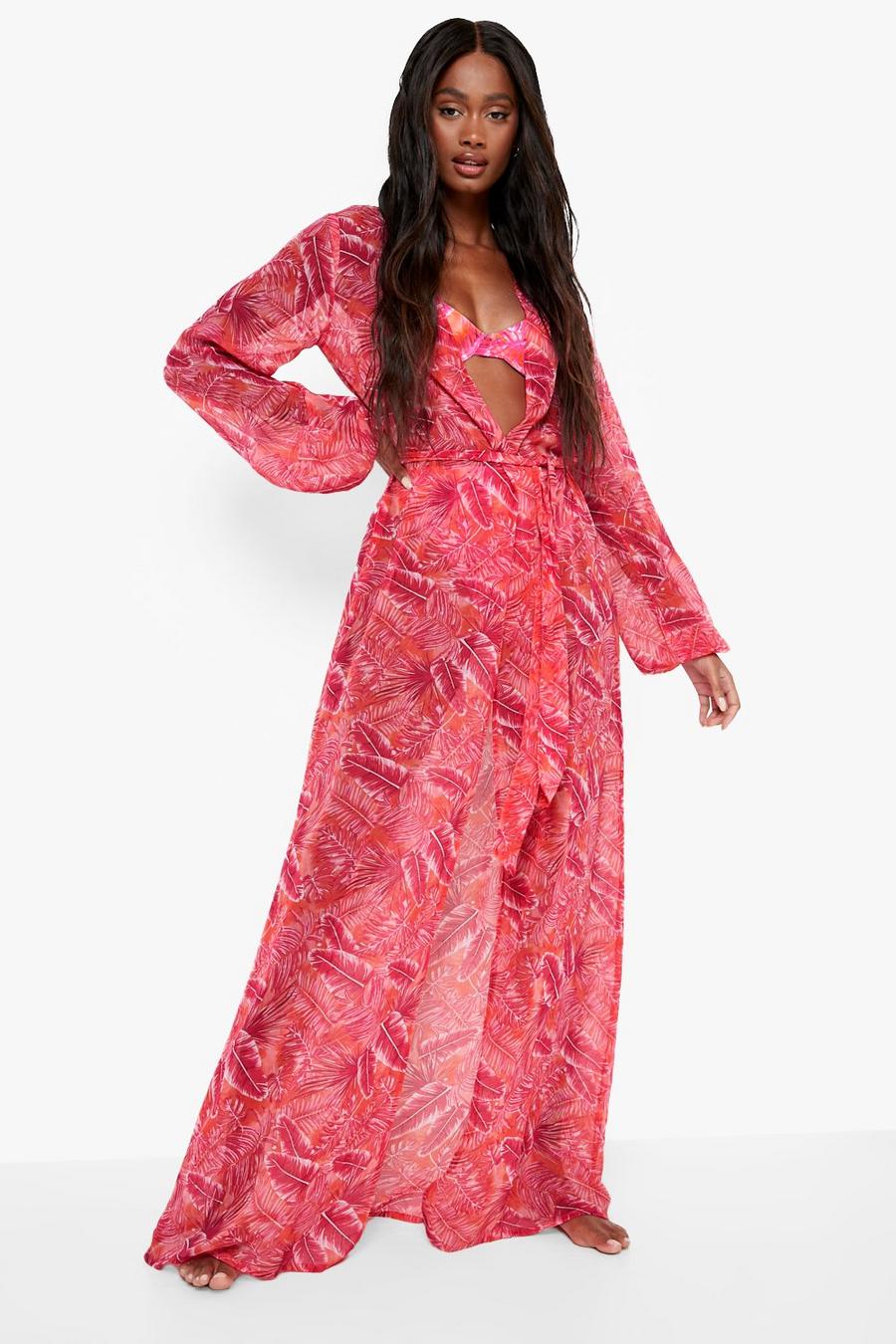 Kimono maxi da mare in chiffon con stampa Tropicana, Pink rosa
