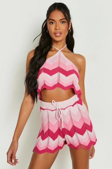 Ombre Crochet Halter And Shorts Set pink