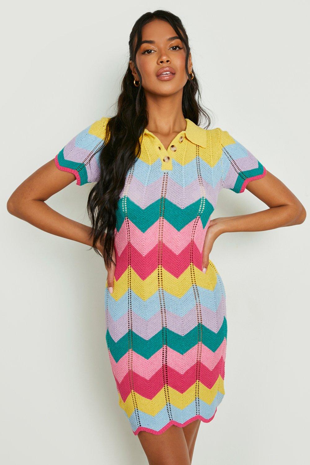 Women's Rainbow Crochet Scallop Hem Knitted Dress