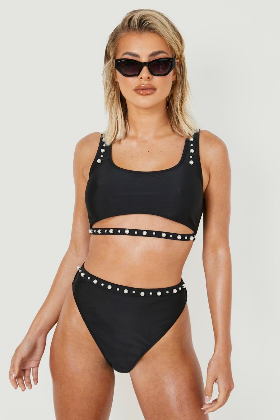 Black Bikinitrosor med hög midja och pärlor image number 1
