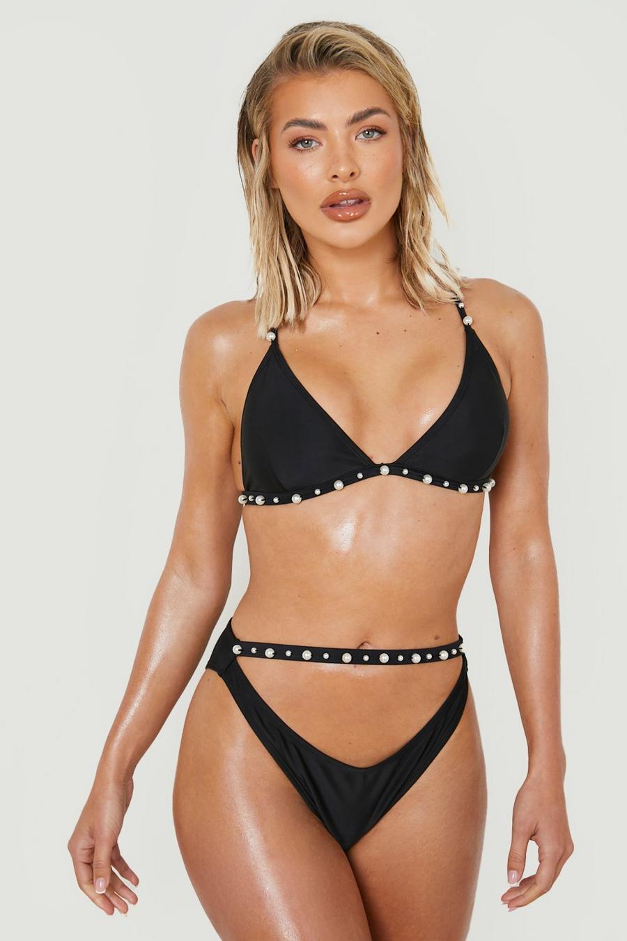 Slip bikini decorato con perle e cut-out, Black image number 1