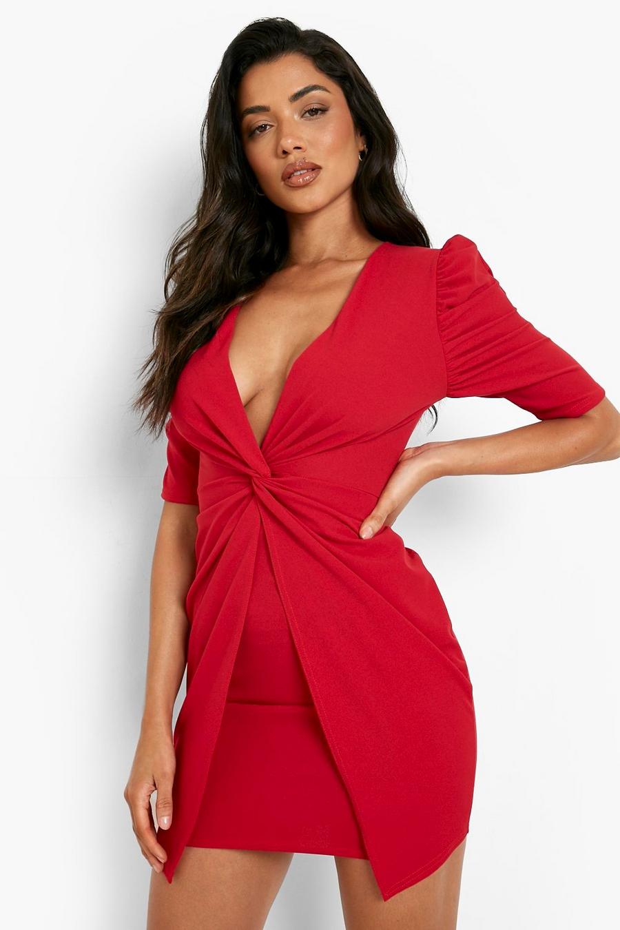 Red Puff Sleeve Twist Front Mini Dress